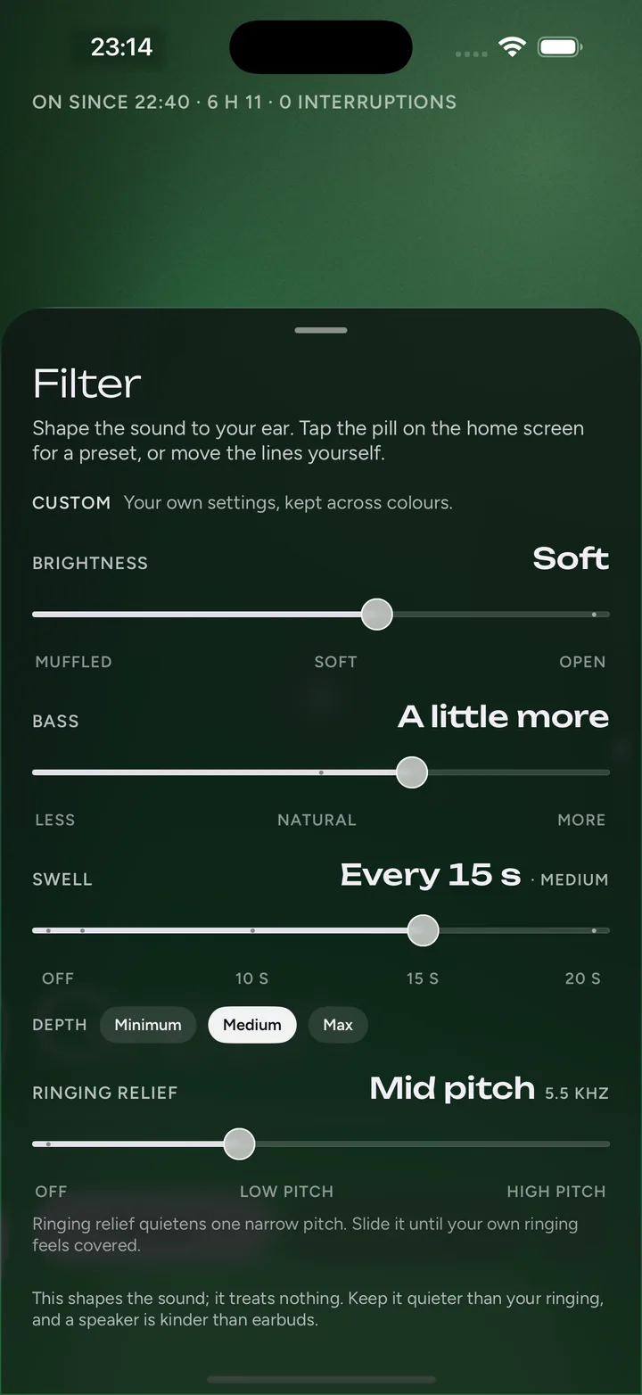 The Filter sheet on the Green lamp: bass, brightness, swell, and ringing relief set to mid pitch, 5.5 kHz