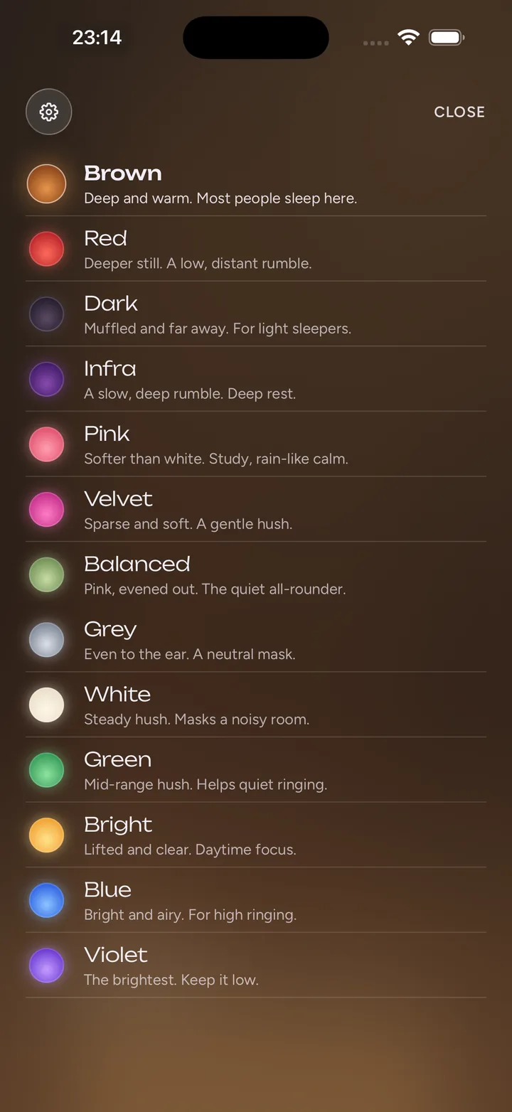 The colour index: thirteen rows, each with a lamp disc, the colour's name, and one line about what it is for