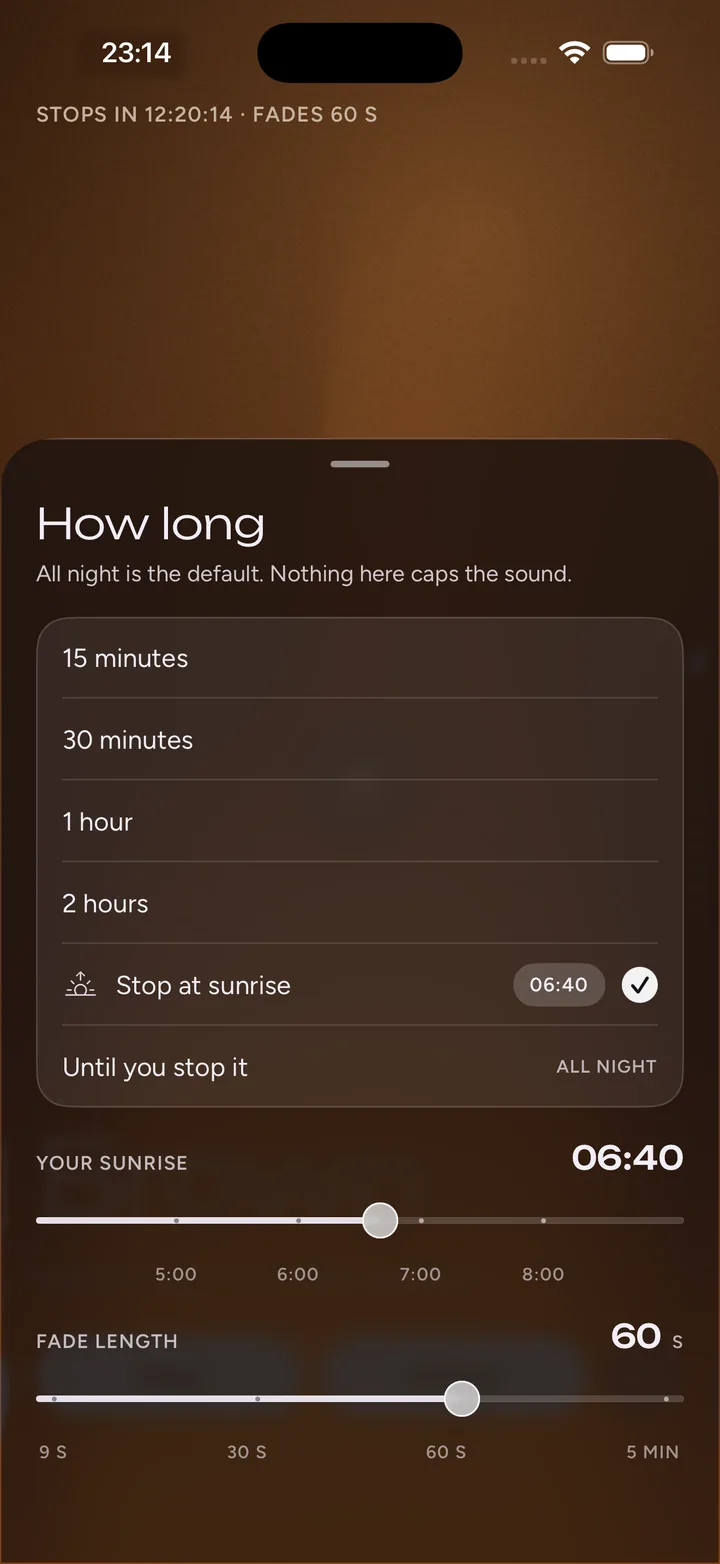 The How long sheet: 15 minutes to 2 hours, stop at sunrise, or until you stop it, with a 60-second fade