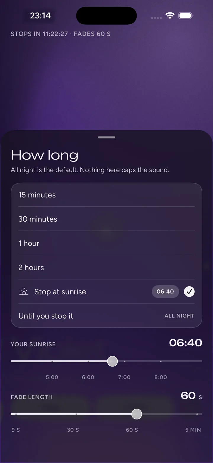 The How long sheet: 15 minutes to 2 hours, stop at sunrise, or until you stop it, with a 60-second fade
