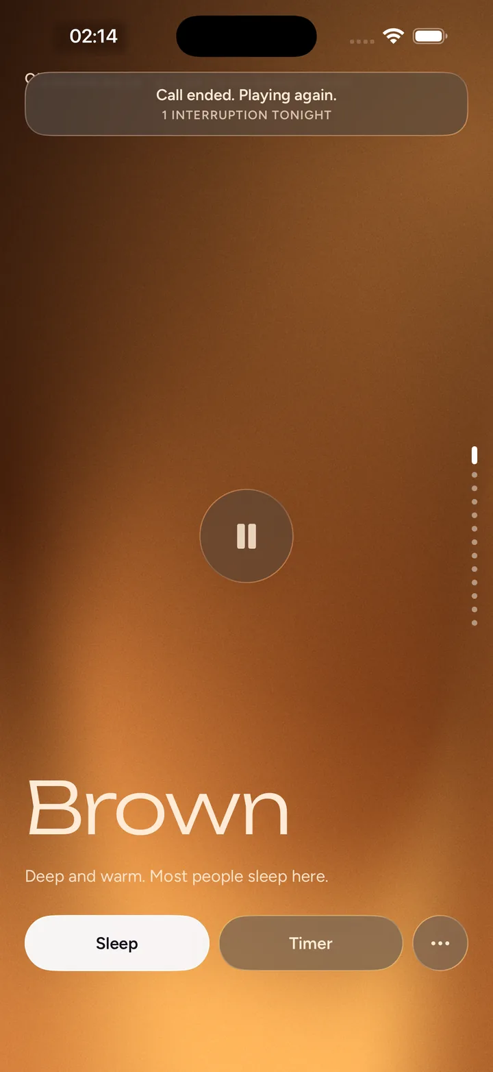 Dimma at 02:14 after a call: a small note says Call ended, playing again, 1 interruption tonight